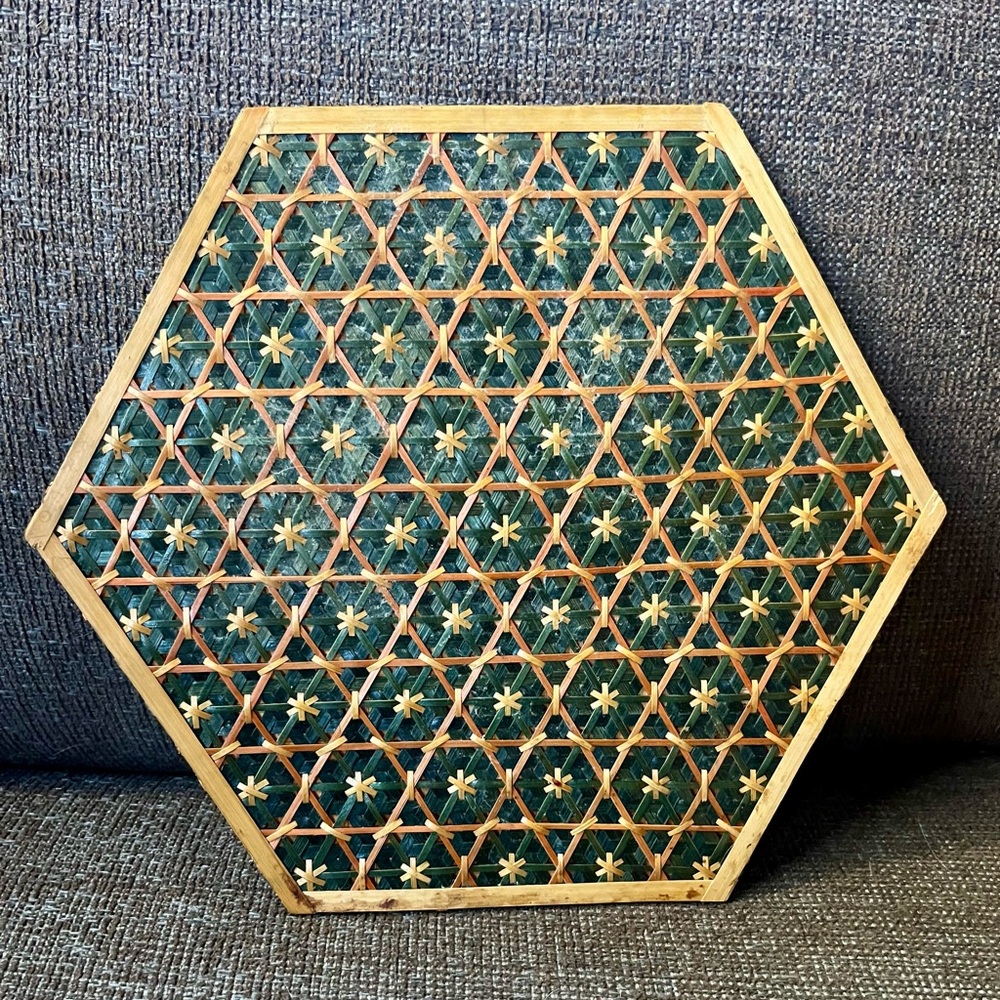Woven Hexagonal Trivet Natural Straw Wood Hot Pad Wall Art Bohemian Boho Decor